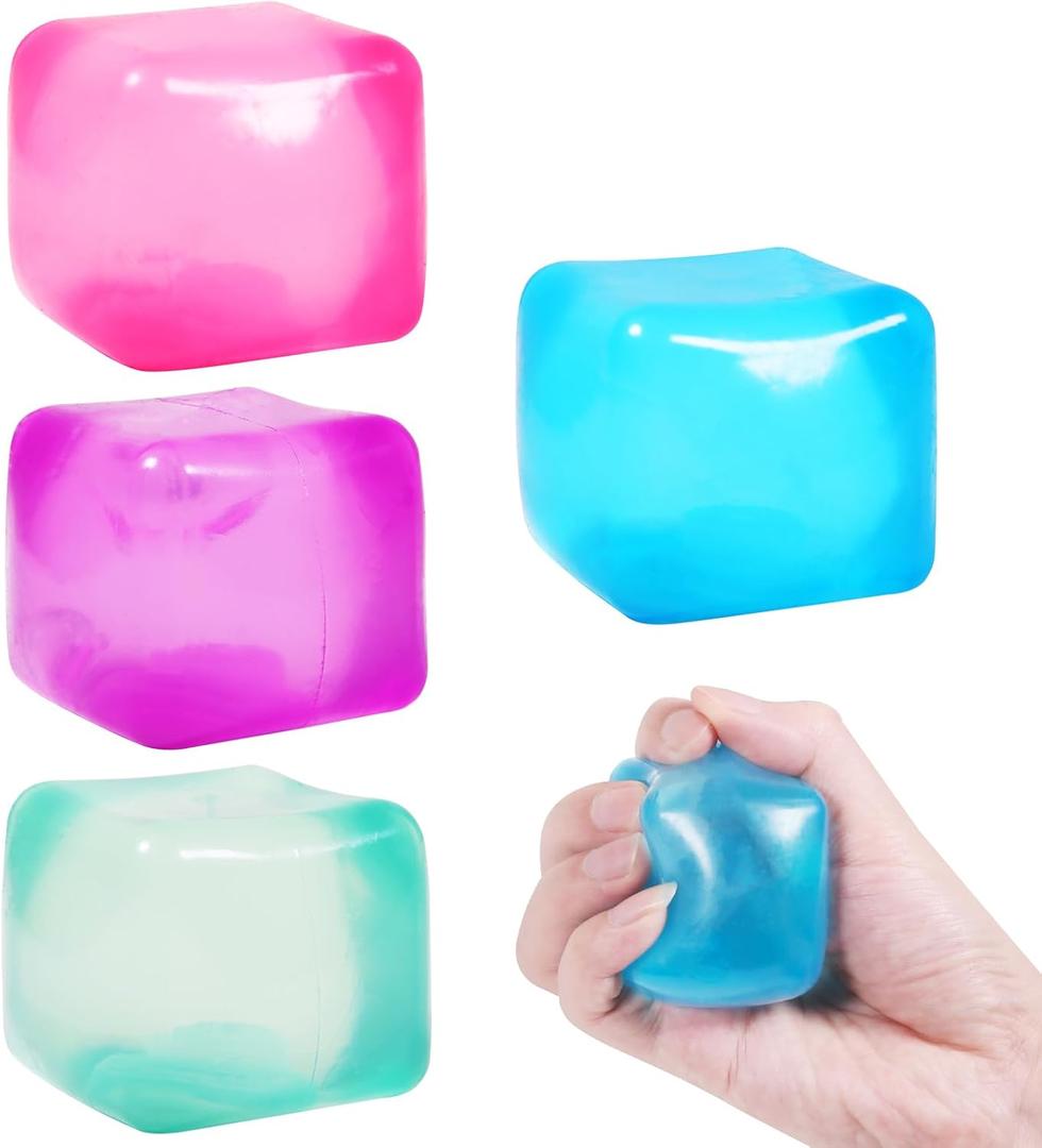 4pack Stress Cube Squishy Stress Balls for Adults Kids Fidget Toy for Your Best Mellow and Chill -Ice Cubes-Square Shape with Filling in Pink Blue Purple Green -Age 3 to Adult(4pcs Cube)