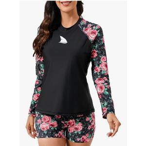 Womens Long Sleeve Two Piece Rash Guard with Built in Bra Swim Shirts with Shorts UPF50+ Quick Dry Swimsuit Large, Black Floral