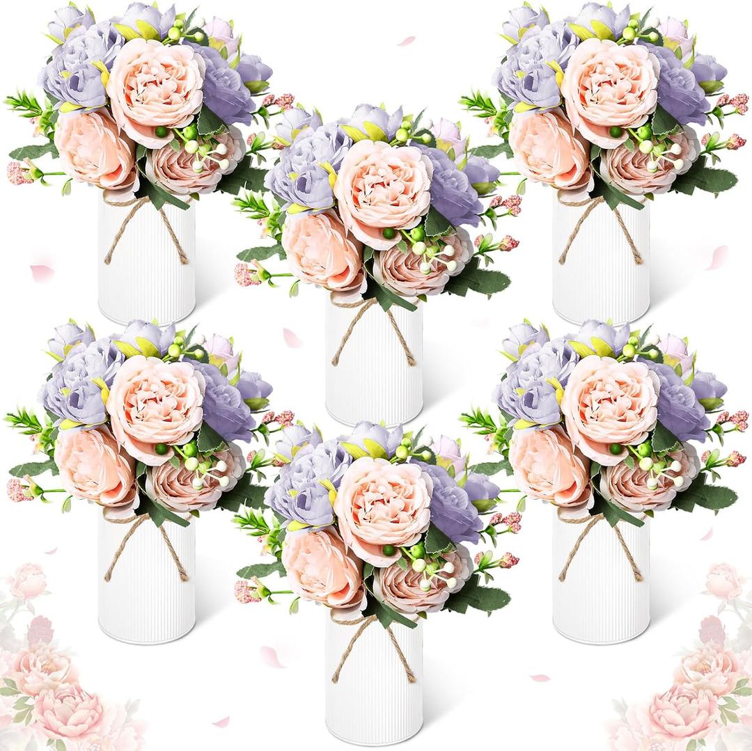 Domensi 6 Sets Wedding Floral Centerpiece for Table Decor, Artificial Peonies Silk Flowers Bouquet with Flower Foam and Metal Vase Faux Floral Arrangement for Bridal Shower Tea Party (Purple Pink)