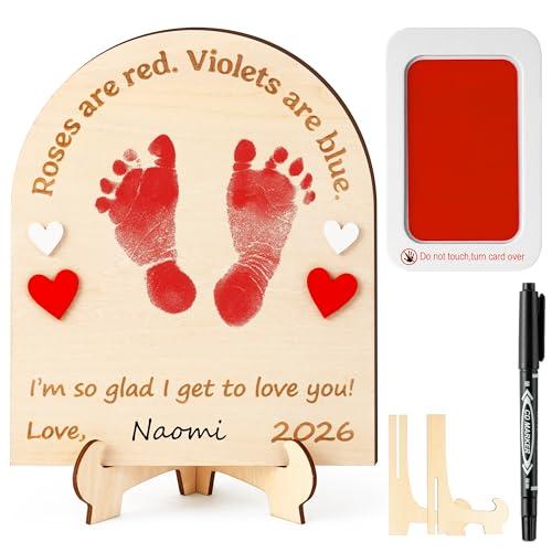 R HORSE Baby's First DIY Valentine Footprint Art Sign Craft, Engraved 3D Wooden Standable Ornament, Newborn Keepsake Gift Photo Prop for Unisex Baby Handprint or Footprint Valentine's Day Baby Shower
