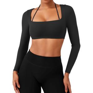 YEOREO Long Sleeve Crop Tops for Women Square Neck Workout Yoga Cropped T Shirt Top Padded Halter Neck with Detachable (X-Small, Black)
