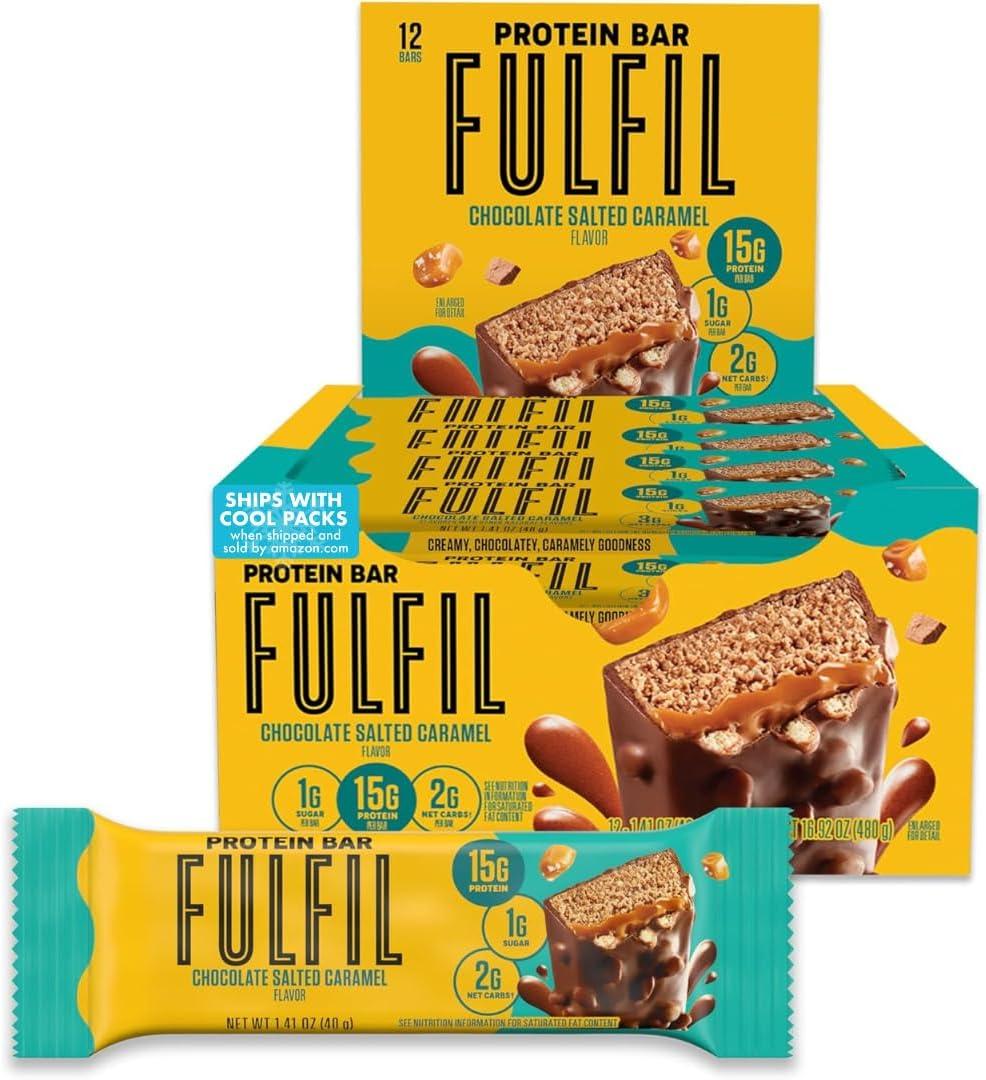FULFIL Protein Snack Bars, Chocolate Salted Caramel Flavored, Gluten Free with 15g Protein, Pantry Staples, 12 Count, BB 07/2025
