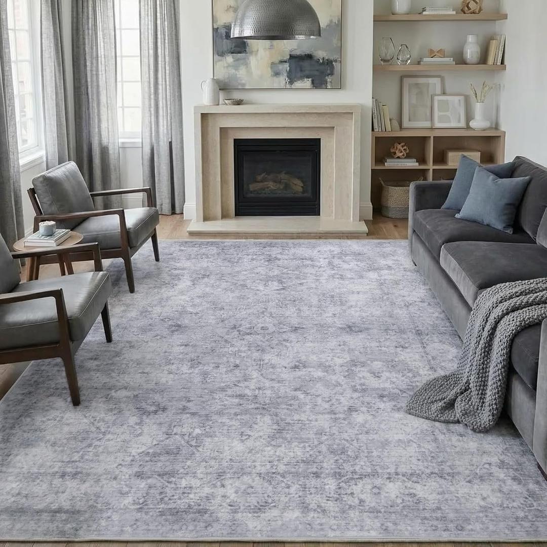 8x10 Area Rugs for Living Room, Machine Washable Rugs, Vintage Non Slip Rug, Faded Style Carpet Stain Resistant, Low Pile Boho Retro Large Rugs for Bedroom Dining Room Indoor Home Office-Gray 8'x10'