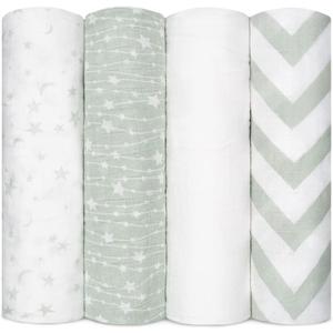 Comfy Cubs Muslin Swaddle Blankets Pack of 4, 47 x 47 Inches, Soft Cotton Baby Blanket Set, Large Multipurpose Swaddling Wraps for Newborns - Self-Soothing Swaddle - Green
