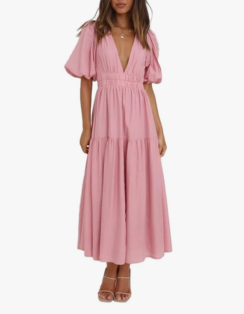 HOULENGS Women's Deep V Neck Puff Short Sleeve Tiered Dress Elastic High Waist Flowy A Line Midi Dresses (Pink)