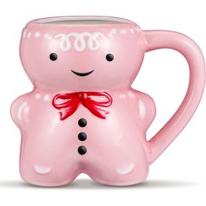 Kichvoe Gingerbread Ceramic Christmas Coffee Mugs Cute 3D Gingerbread Man Cup Novelty Mug with Handle Milk Tea Cup Drinking Glasses For Holiday Christmas Party Supplies Pink