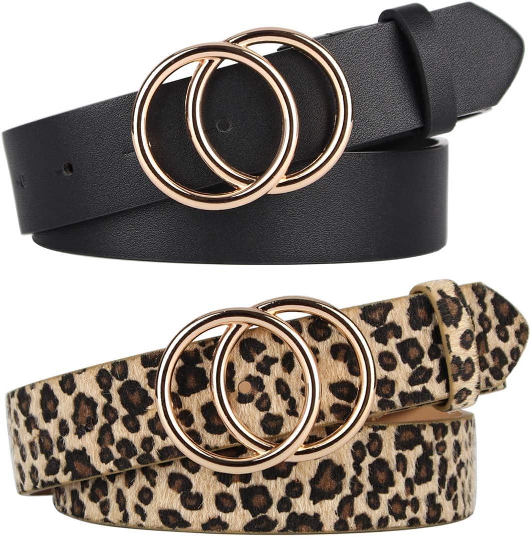 UnFader Pack 2 Women Belts for Jeans with Fashion Double O-Ring Buckle and Faux Leather (Fits Waist Size from 45"-49")