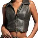 SHENHE Women's Y2k PU Leather Zip Up Crop Tank Vest Sleeveless Biker Moto Punk Jacket Top (Medium, Black)