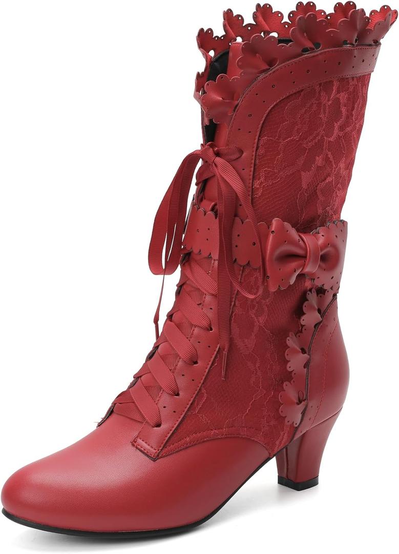 Blano Lofor Women Victorian Boots Chunky Heels Lace up Cute Bow Knot Cosplay Costumes Witch Medieval Renaissance Mid-Calf Goth Boots Vintage Gothic Kawaii Lolita Shoes Red Size 7.5