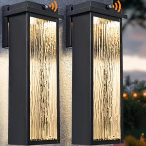 20" Extra Large Dusk to Dawn LED Outdoor Light 2 Packs, Black Modern Exterior Lighting Fixtures, Outside Porch Lights Wall Mount, Mid-Century Wall Lantern with Rippled Glass Patio Sconce Lamp