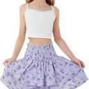 RoseSeek Girl's 2 Piece Outfits Lace Ruched Camisole Tops and Shirred High Waisted Layered Floral Skirts Set (Purple and White)