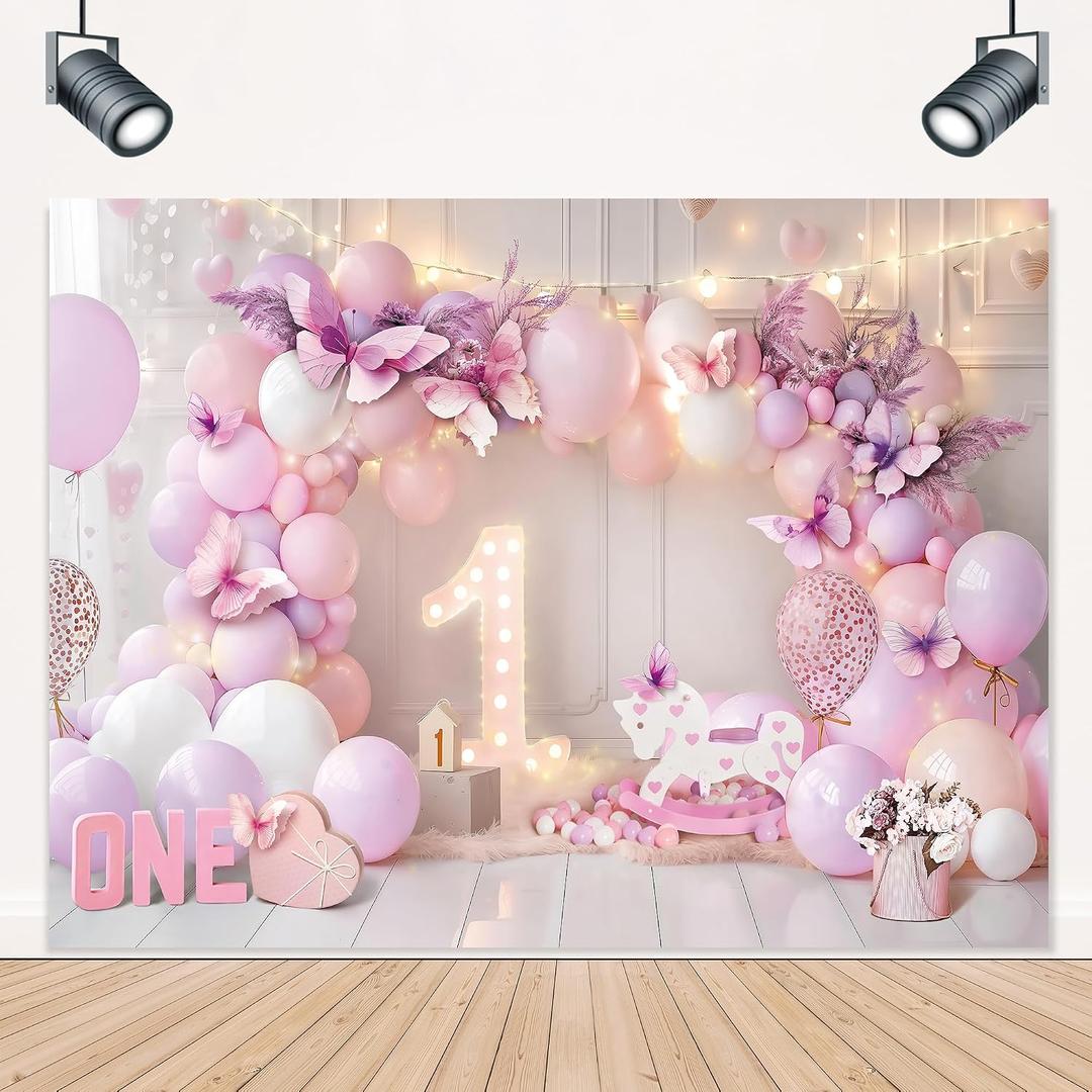 Girl 1st Birthday Backdrop 8Wx6H Feet for Purple Pink Princess Balloons Lights Butterfly First Bday Photography Background Decorations Photo Booth Studio Prop Fabric