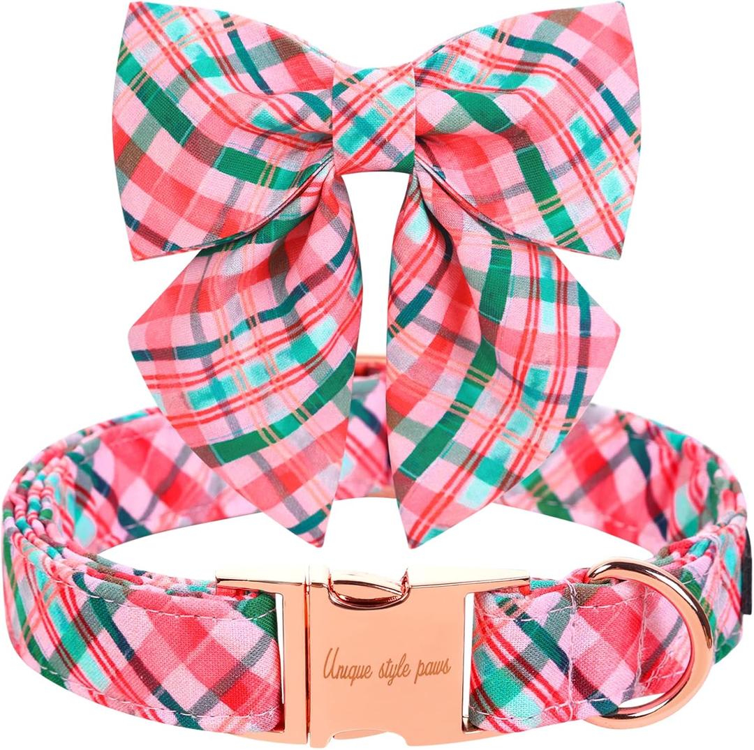 Unique style paws Dog Collar with Tie Pink & Green Plaid Dog Collar Best Gifts for Small Medium Large Dogs -S