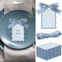 200 Pcs Scallop Name Place Cards for Table Setting DIY Wedding Placecards with Ribbon Include 100 Name Table Cards and 100 Ribbon for Weddings Party Celebrations Supplies(Dusty Blue)