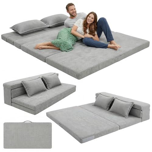 Anevna Tri-Fold Futon Mattress, Foldable Japanese Floor Sleep Mattress, High-Density Foam Tatami Bed Mat with Corduroy Cover, Floor Bed Mat for Couples, Guest Use (Charcoal Gray,Queen)