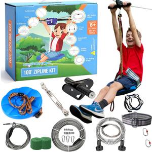 Zip Line Kit for Kids and Adults, 100/120 / 150/200 ft, Up to 350 Lbs, Rustproof Stainless Steel, Quick Setup with Ratchet, Safety Harness, Backyard Adventure Fun Includes Climbing Holds