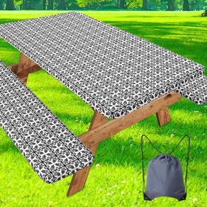misaya Picnic Table Cover with Bench Cover, Waterproof Elastic Fitted Tablecloth for 8 Foot Tables, Rectangle Washable Polyester Tablecloths for Picnic, Camping, Outdoor (Black, 30" x 96") (Black and White)