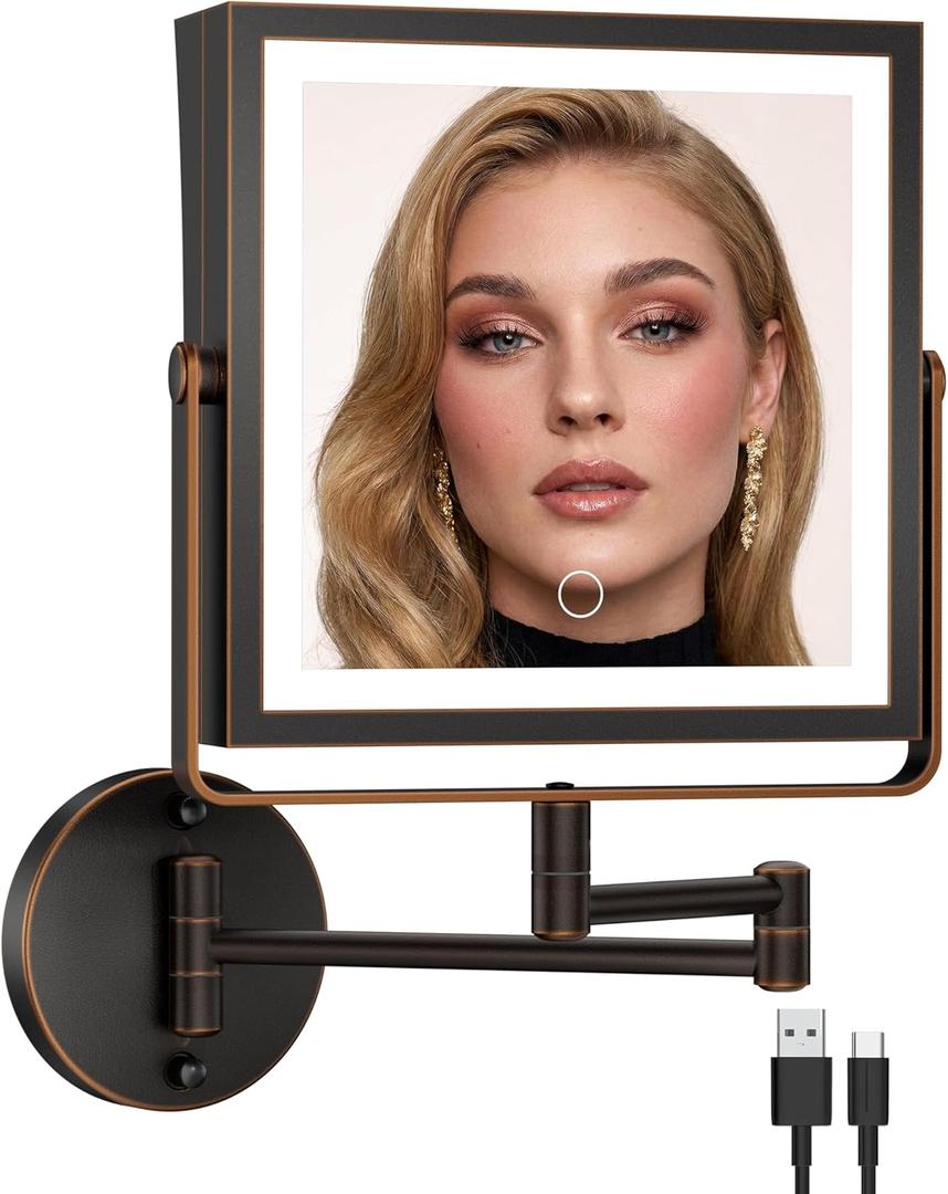 Rechargeable Wall Mounted Makeup Mirror with Lights, 4000mAh Double Sided 1X/10X Magnifying Vanity Mirror with 3 Color Lights, Touch Dimmable, 360 Extension Foldable Arm(Oil Rubbed Bronze
