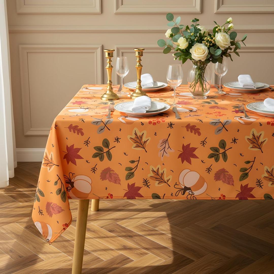 Thanksgiving Waterproof Tablecloth  Fall Harvest Pumpkins, Maple Leaves & Berries Print  Autumn Rectangle Table Cover for Dining or Party, Brown, W60 x L120 in