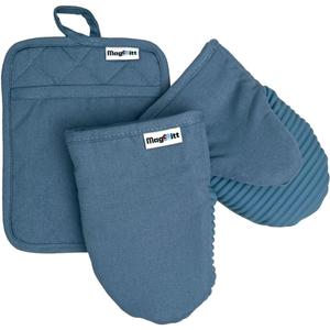 MagMitt Magnetic Oven Mitts and Pot Holder Set, 3 Piece Silicone Oven Mitts Heat Resistant to 500F, Hot Pad with Magnetic Storage, Premium Cotton, Non-Slip Kitchen Mitts & Oven Gloves, (Blue Steel)