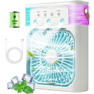 Portable Air Conditioners, 2000mAh Rechargeable Mini Air Cooler Fans, 500ML Personal Portable AC Unit with 3 Speed, 2 Spray, 7 Color, 3 Timer, Small Desktop Cooling Fan for Bedroom Office (White)
