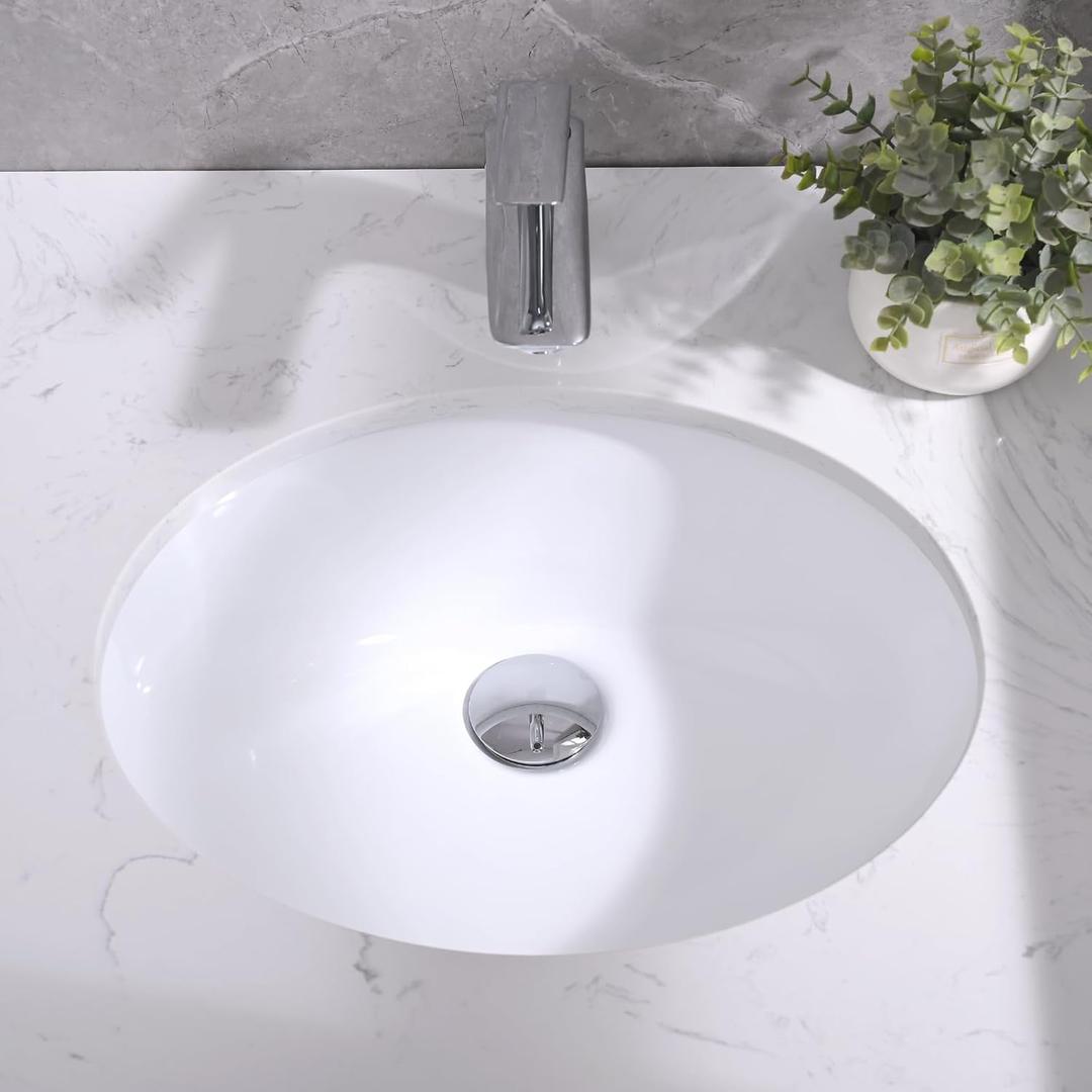 17" x 14" Oval Under Mount Bathroom Sink, Vitreous Lavatory Vanity Sink Under Counter Porcelain Ceramic Oval Vessel Bath Sink Bowl Basin With Overflow, No Faucet Holes, White
