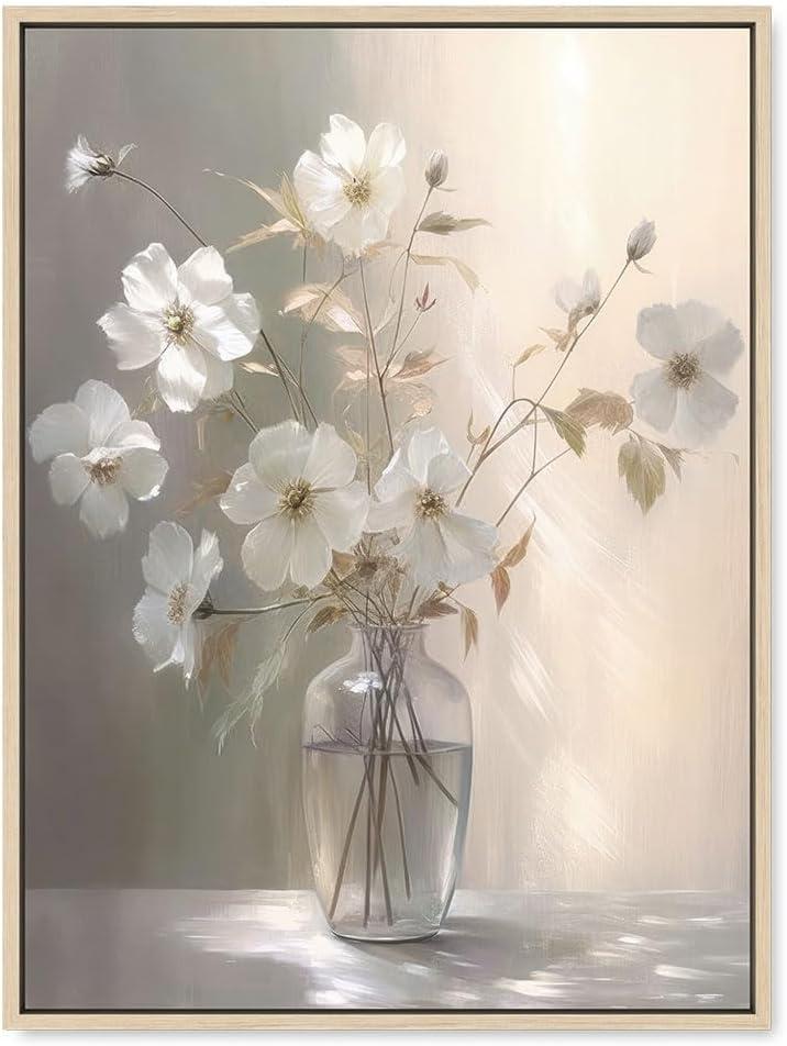 Daktenn Framed Canvas Wall Art Floral Wall Decor for Bathroom Bedroom - Modern Wall Decorations (Light Wood Framed, 18x24)