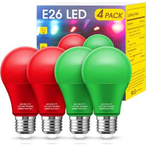 Red Light Bulbs Green Light Bulbs [4 Pack] - A19 LED Red and Green Bulbs 9W (60W Equivalent) - E26 Base Colored Light Bulb for Christmas Party Porch Decor