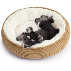 Love's cabin Round Donut Cat and Dog Cushion Bed, 25in Pet Bed for Small or Medium Dogs, Anti-Slip & Water-Resistant Bottom, Soft Durable Fabric Pet Beds, Washable Calming Cat Bed Camel Stripe (25.0"L x 25.0"W x 8.0"Th)
