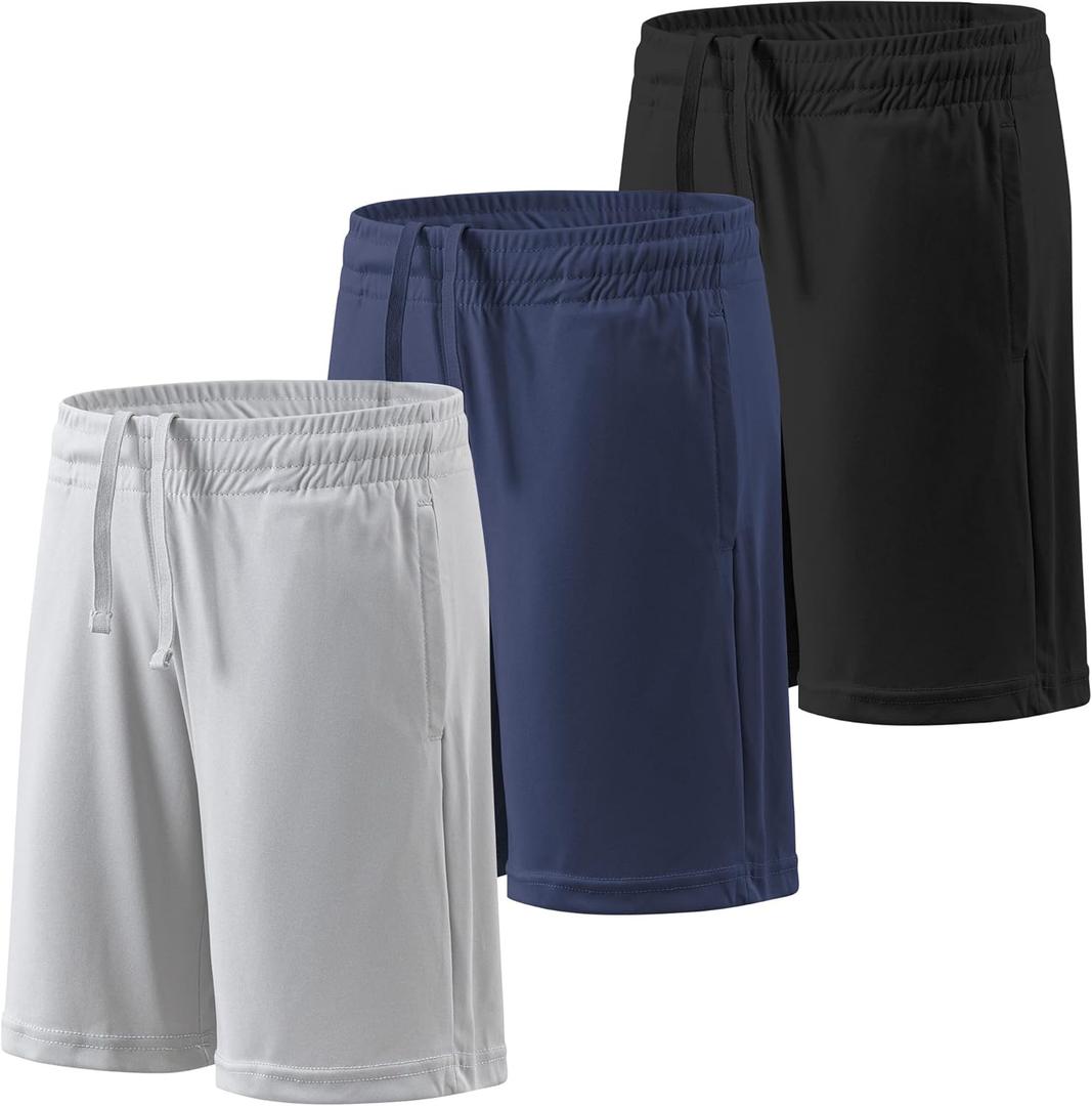 BALENNZ Boy's 5-Pack Athletic Shorts Kids Youth Quick Dry Active Performance Basketball Shorts with Pockets Elastic Waistband (Medium, 3 Pack Black, navy, light Grey)