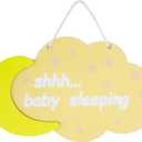 Wooden Baby Sleeping Sign, Cloud and Moon Door Hanger, Nursery Room Decor, Yellow and Beige