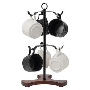 Mug Tree Y-Shaped, Coffee Mug Holder with Angled - Out Iron Hooks (No More Squeezing!), Solid Wood Base & Sturdy Iron Coffee Cup Rack, 6 Hook, Tools Included, Easy Install, Elevate Kitchen Nook Décor