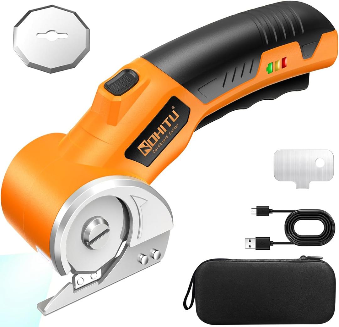 Cordless Electric Scissors: 4V Rechargeable Rotary Cardboard Cutter, 3000mAh Battery, with LED Light, 2 Blades, Box Cutter for Fabric Carpet Carton Plastic Leather Cloth(Yellow)