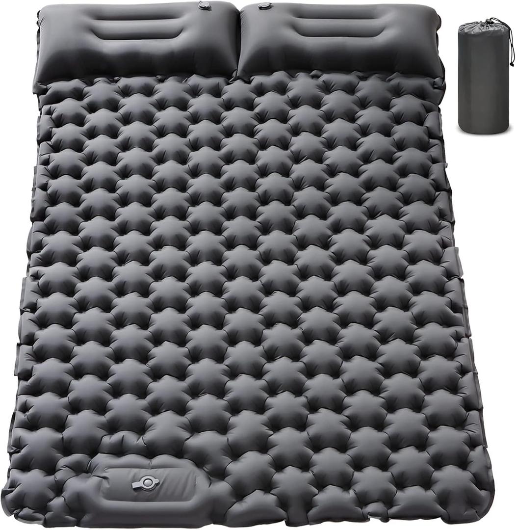 Double Sleeping Pad for Camping - 4" Extra Thick Self Inflating Air Mattress for 2 Person with Built-in Pillow & Foot Pump, Waterproof Inflatable Sleeping Mat for Backpacking Tent Hiking Travel