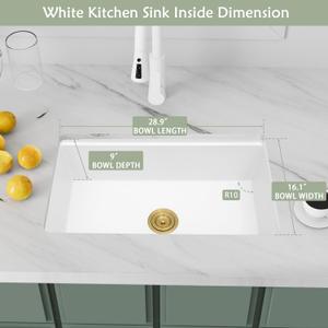31 Inch Kitchen Sink, 31" x 18" x 9" Single Bowl Undermount White Kitchen Sink With Workstation, 31" x 18" Deep and Large Granite Composite Quartz Kitchens Sinks 