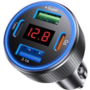 USB C Car Charger, 4 Port 78W USB Car Charger Adapter Fast Charging Multi Port Cigarette Lighter Adapter with Voltmeter Type C Phone Car Accessories for iPhone 17/16/15/14, Samsung Galaxy, iPad
