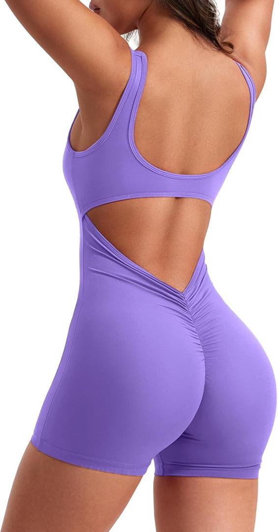 YEOREO One Piece Workout Jumpsuits for Women Backless Tummy Control Sleeveless Jumpsuits Lizvette V Back Scrunch Yoga Romper (Purple, L)