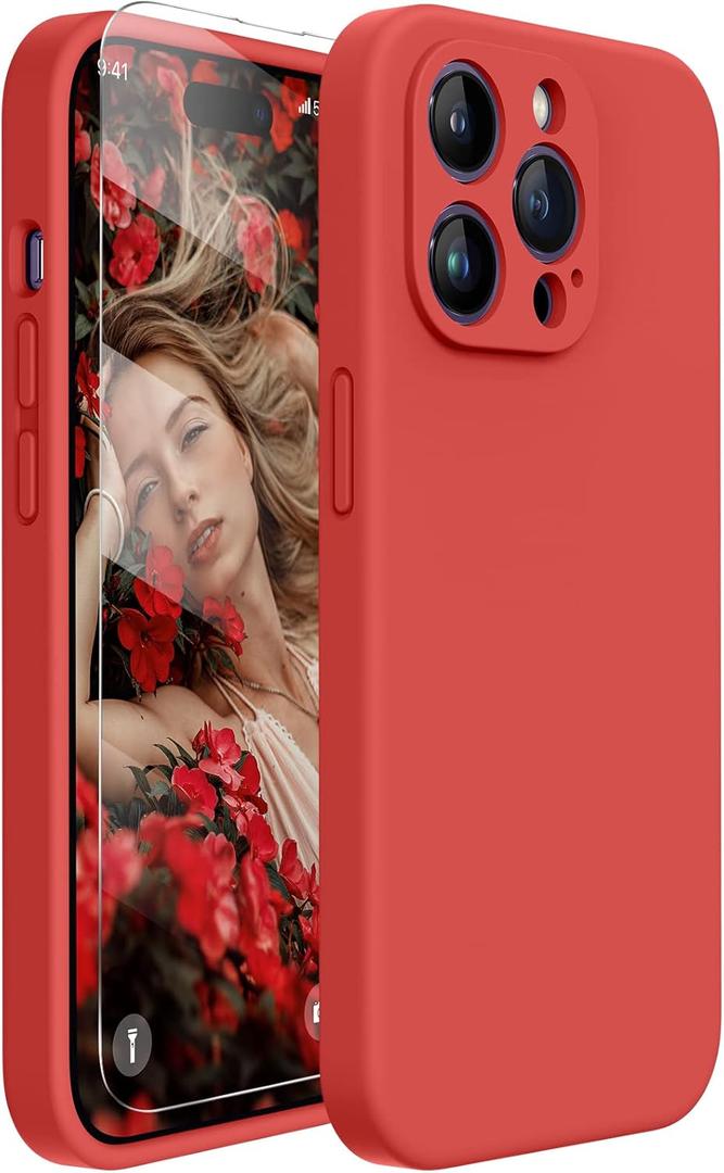 Miracase Designed for iPhone 14 Pro Case with Screen Protector, [Upgraded Camera Protection], Shockproof Liquid Silicone Rubber Phone Case Cover for 14 Pro 6.1 inch (Coral)