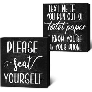 Jetec 2 Pieces Farmhouse Bathroom Signs Decor Wooden Box Sign Funny Bathroom Wall Art Rustic Wood Plaque Please Seat Yourself Decor for Home Restroom(Black)