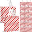 Sinload 100 Pcs Large Valentine's Day Gift Bags with Handle Valentine's Plastic Shopping Bags Bulk 13.8" x 9.8" Red White Candy Cane Stripe Treat Goodie Bag for Merchandise Party Favor