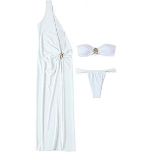 SOLY HUX Women's 3 Piece Swimsuit Bandeau Bikini Set Bathing Suit with Cover Up Dress M