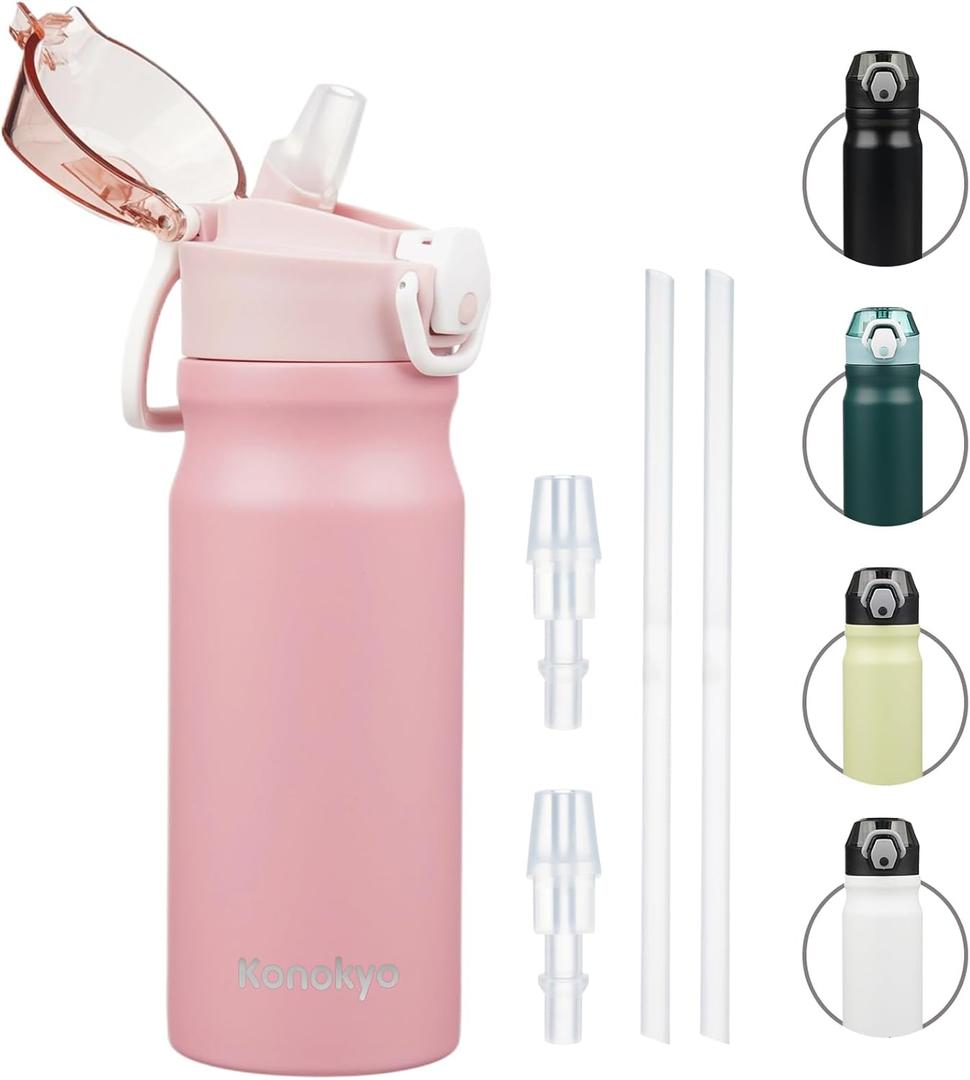 Insulated Water Bottle with Straw and Carry Loop,18 oz Stainless Steel Double Wall Vaccum Metal Water Flask with Leak-proof Lid,Pink