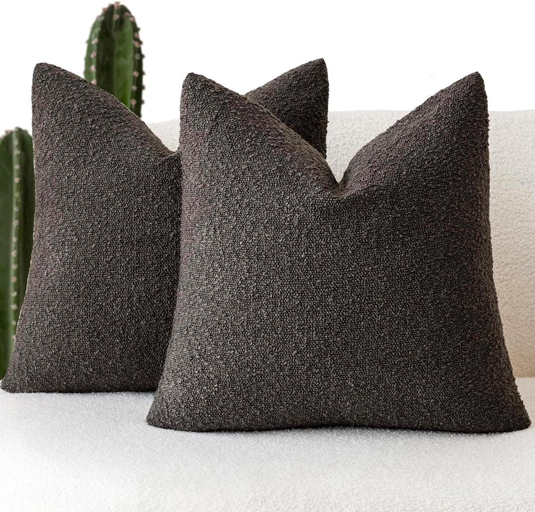 Foindtower Pack of 2 Textured Boucle Throw Pillow Covers Accent Solid Decorative Pillow Cases Cozy Woven Couch Cushion Case for Sofa Bedroom Living Room Home Decor, 20 x 20 Inch,Dark Brown