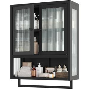 Bathroom Wall Cabinet, Over The Toilet Space Saver Storage Cabinet, Medicine Cabinet with 2 Glass Door and Towel Bar, Metal Wall Mounted Cabinet for Bathroom Laundry Room Kitchen (Upgraded Black)