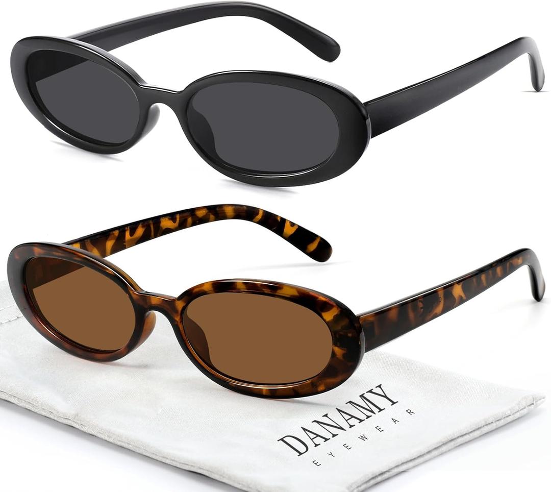 DANAMY Sunglasses Womens Retro Oval Sunglasses for Women Men Fashion Small Oval Sun Glasses 90s Vintage Driving Shades (A1 Black+leopard Frame-brown Lens)