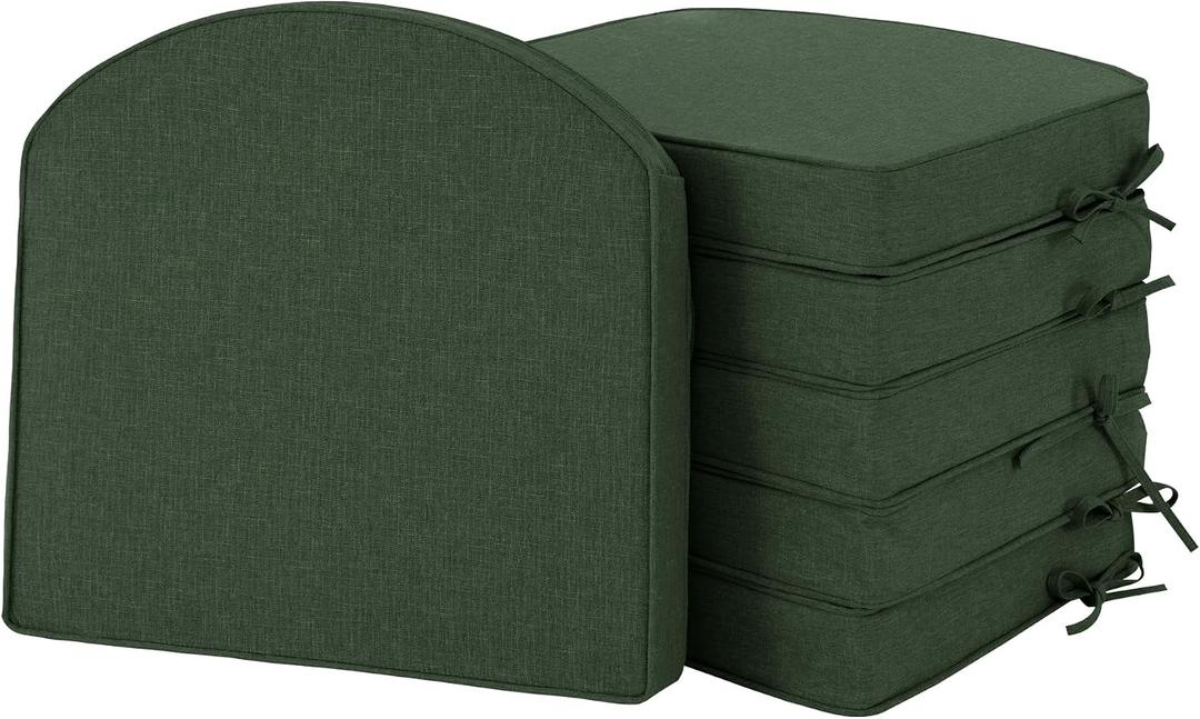 Outdoor Chair Cushions, Fade-Resistant & Water-Resistant, D Shaped Patio Furniture Seat Chair Pads Replacement with Ties, Non-Slip Bottom, Removable Cover, Set of 6, 18.5 x 16 Inch, Olive Green