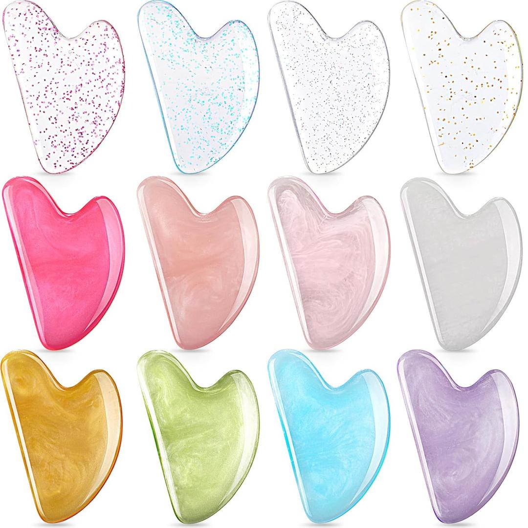 Sherr 12 Pcs Gua Sha Facial Tools Resin Heart Shaped Massage Guasha Tool for Face Guasha Board for Face Body Skin Massage Spa Acupuncture Prevent Wrinkles, 12 Colors(Sweet Color)