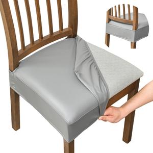 FUANGUI Dining Chair Covers Set of 6, Waterproof PU Leather Stretch Chair Seat Slipcovers Soft Removable Washable Chair Covers, Kitchen Chair Seat Covers Protectors Dining Room, PU-Grey