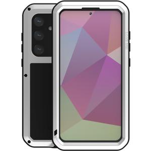 LOVE MEI Military Rugged Case for Samsung Galaxy S24 Plus, with Tempered Glass Screen Protector, Shockproof Dustproof Scratch Proof Hybrid Metal and Silicone Gel Heavy Duty Full Body Cover Silver