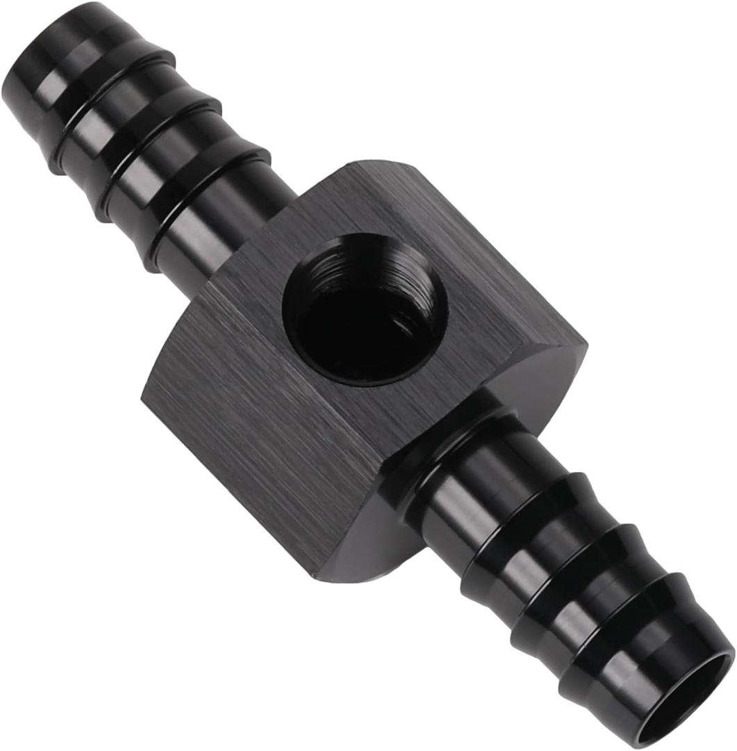 3/8 Hose Barb Inline Fuel Pressure Gauge T Fitting Adapter Union with 1/8 NPT Sensor Gage Port Aluminum Black